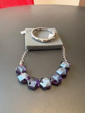 Silver Bracelet and Purple Crystal Statement Necklace Set